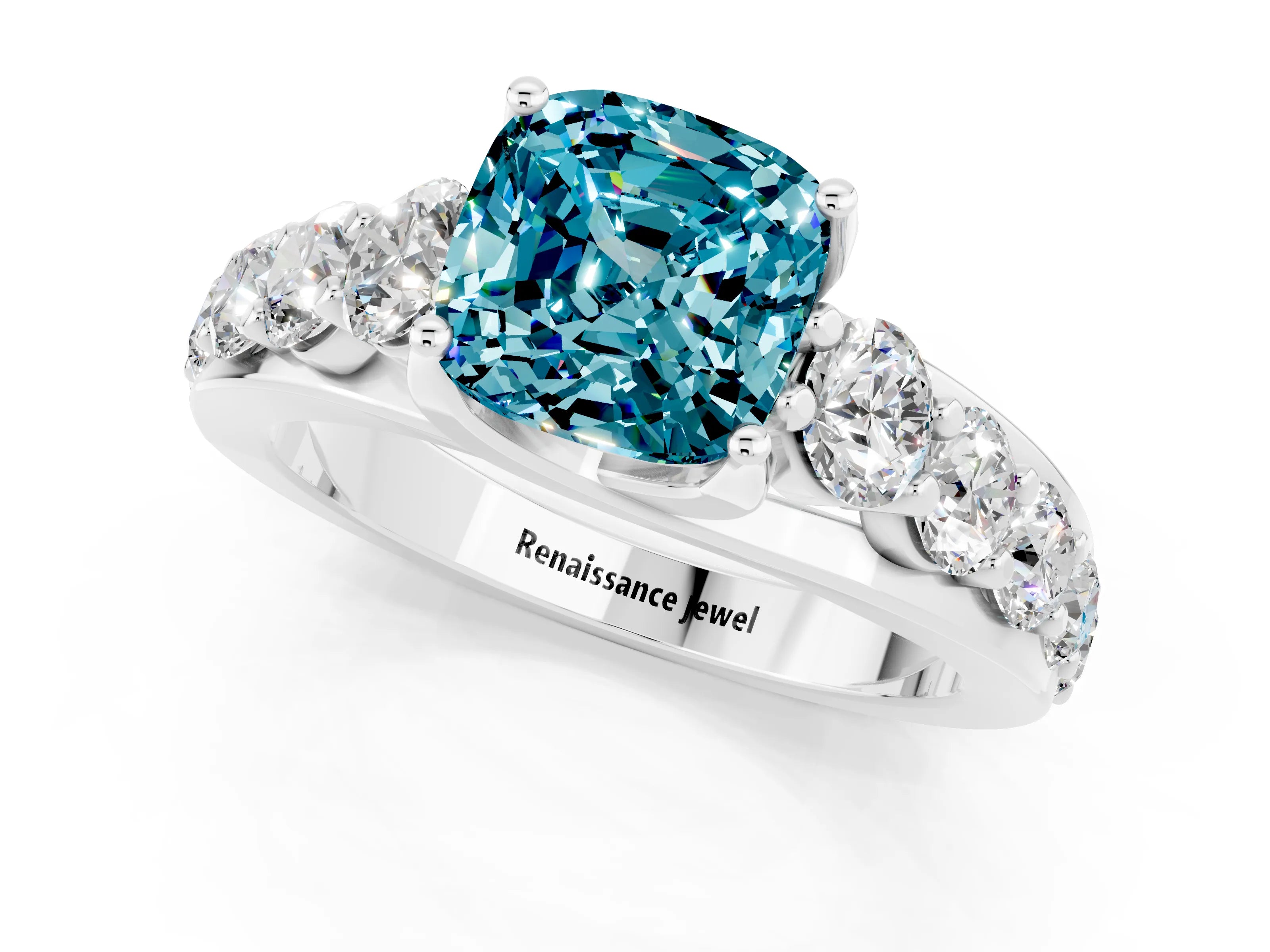 White gold Cushion Cut Blue Topaz Engagement Ring with Pavé Band and Four-Prong Setting_1