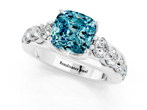 White gold Cushion Cut Blue Topaz Engagement Ring with Pavé Band and Four-Prong Setting_1