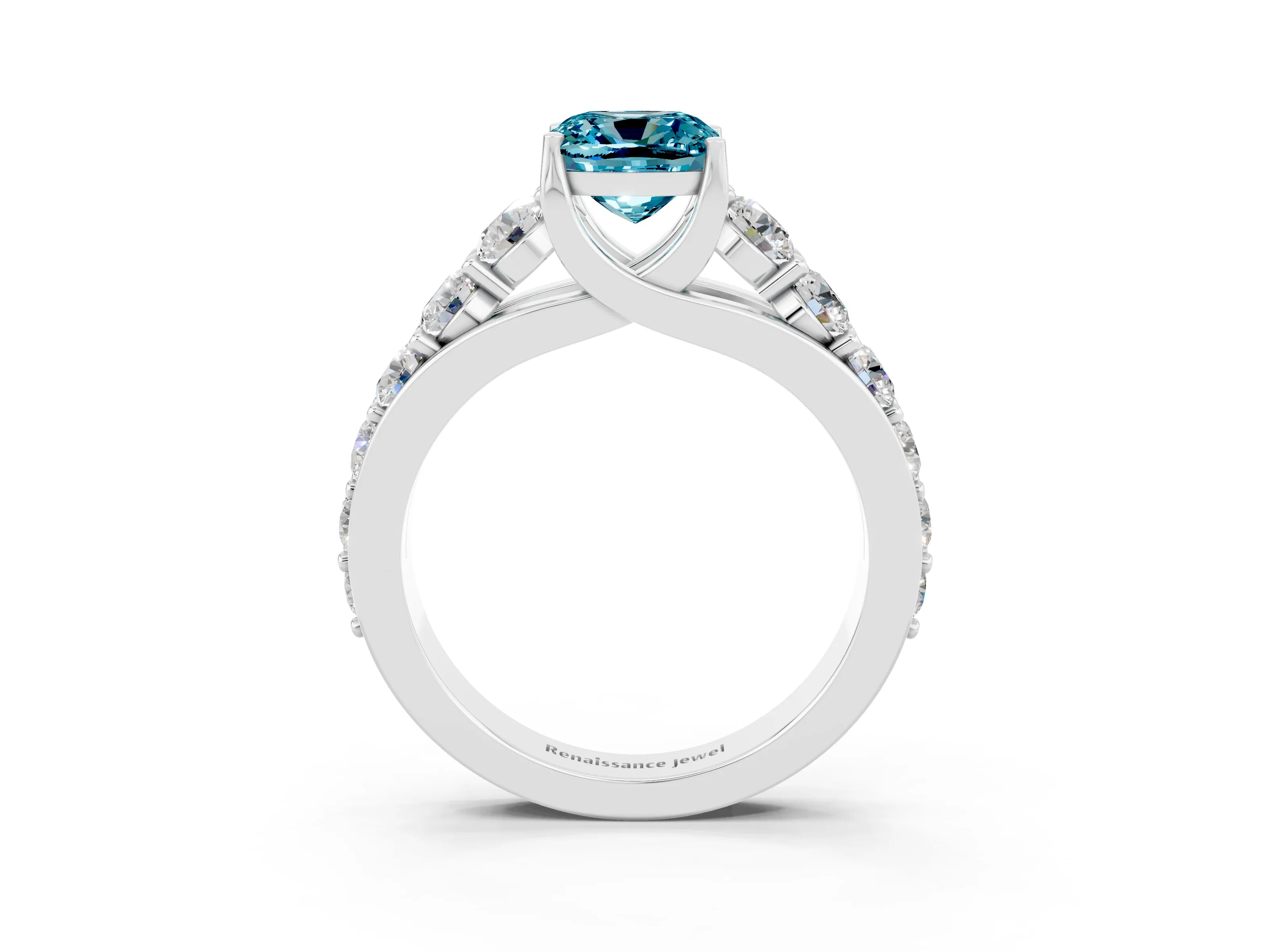 White gold Cushion Cut Blue Topaz Engagement Ring with Pavé Band and Four-Prong Setting_3