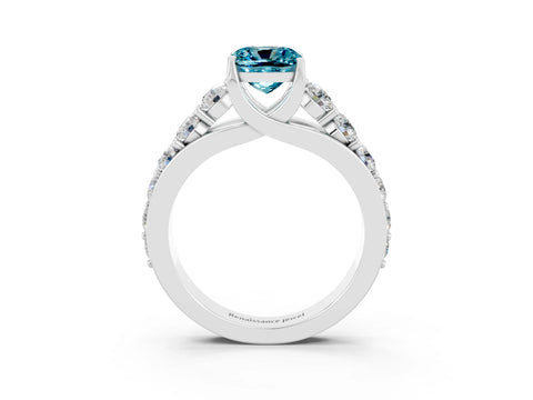 White gold Cushion Cut Blue Topaz Engagement Ring with Pavé Band and Four-Prong Setting_3