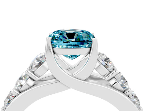 White gold Cushion Cut Blue Topaz Engagement Ring with Pavé Band and Four-Prong Setting_4