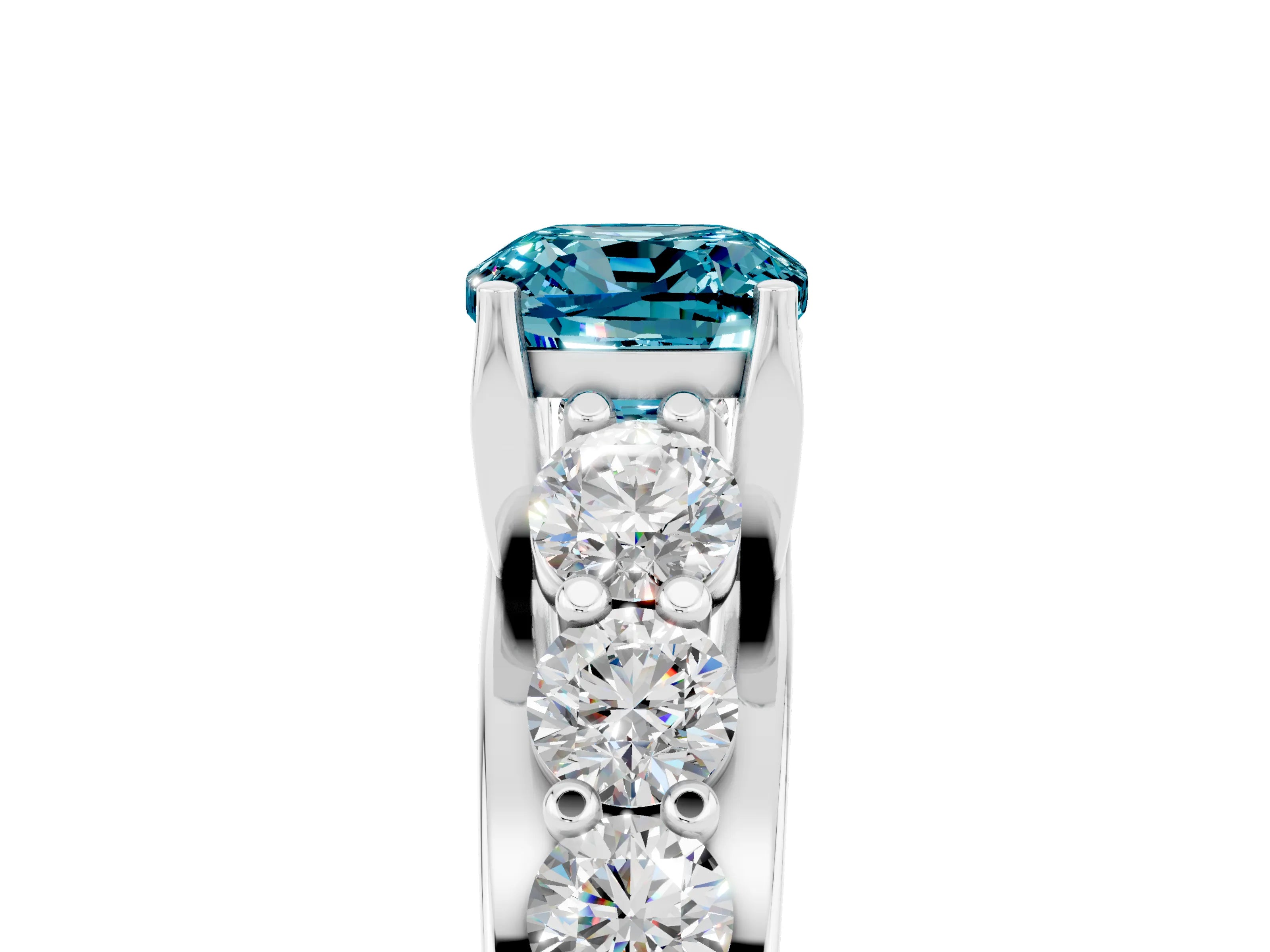 White gold Cushion Cut Blue Topaz Engagement Ring with Pavé Band and Four-Prong Setting_5