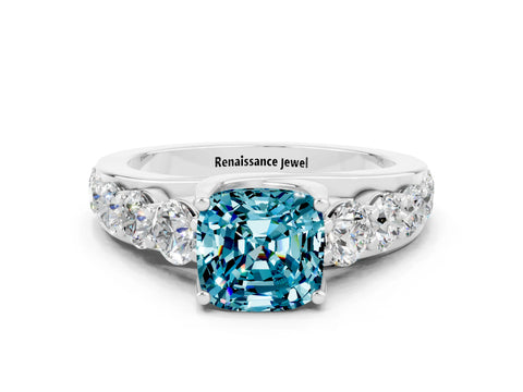 White gold Cushion Cut Blue Topaz Engagement Ring with Pavé Band and Four-Prong Setting