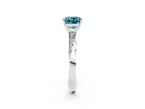 White gold Cushion Cut Blue Topaz Engagement Ring with Side Stone Accents and Four-Prong Setting
