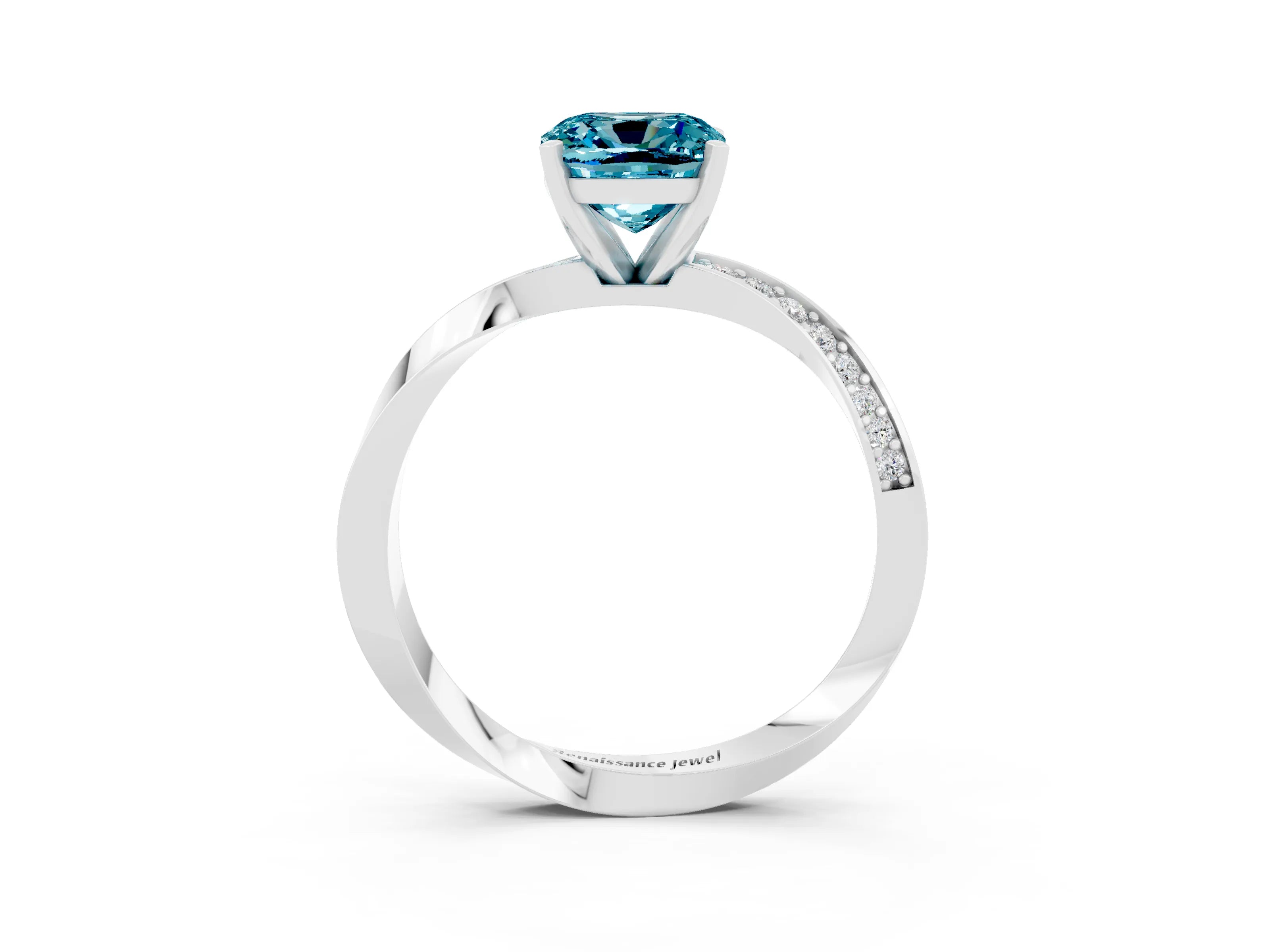 White gold Cushion Cut Blue Topaz Engagement Ring with Side Stone Accents and Four-Prong Setting_30