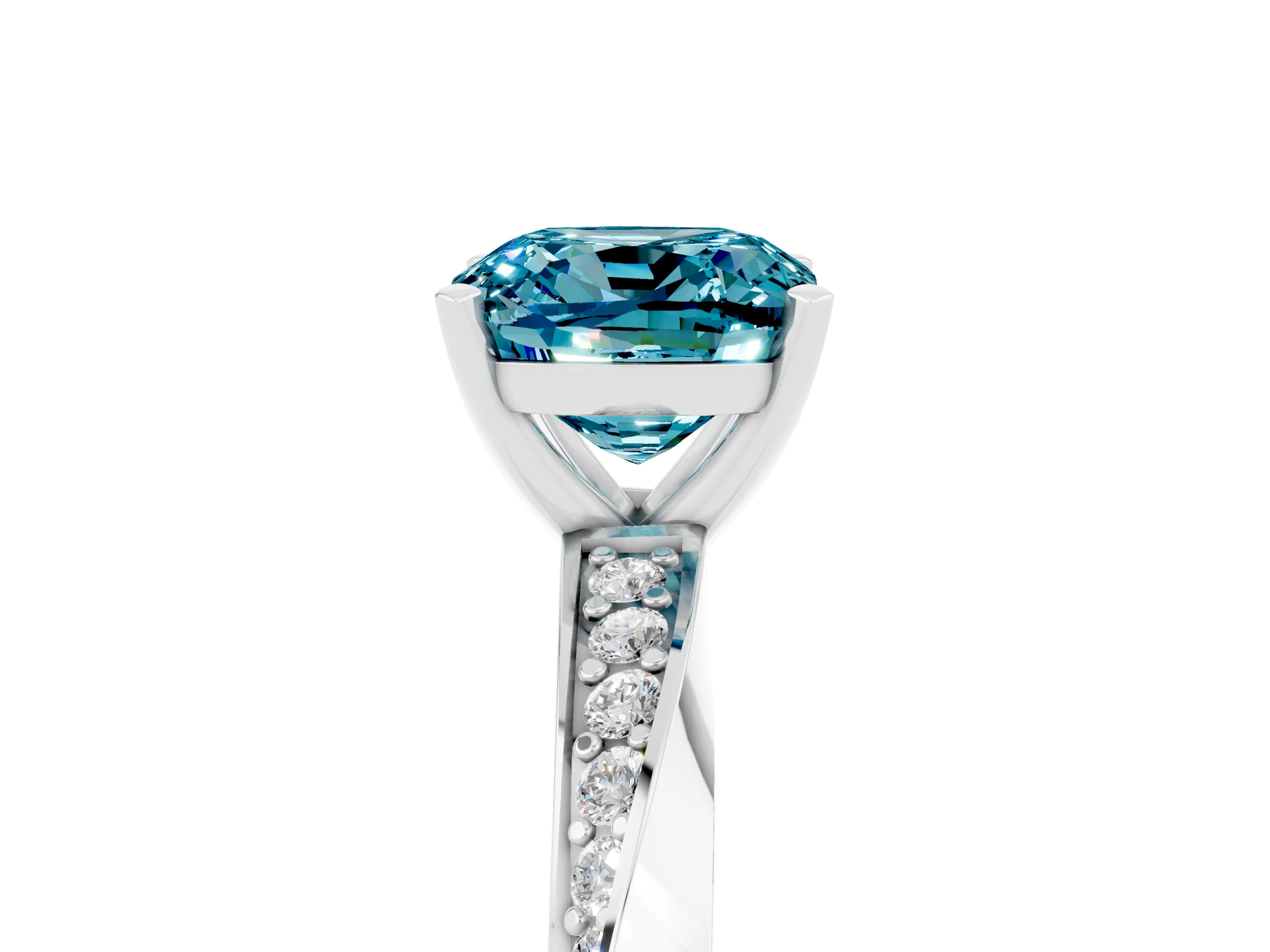 White gold Cushion Cut Blue Topaz Engagement Ring with Side Stone Accents and Four-Prong Setting_32