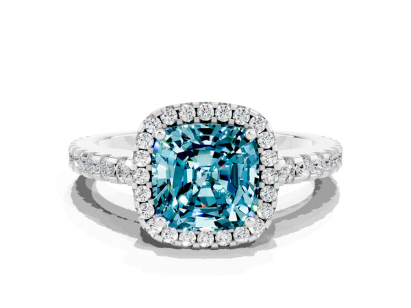 White gold Cushion Cut Blue Topaz Halo Engagement Ring with Pavé Band and Prong Setting