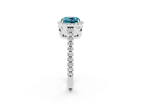 White gold Cushion Cut Blue Topaz Halo Engagement Ring with Pavé Band and Prong Setting_34