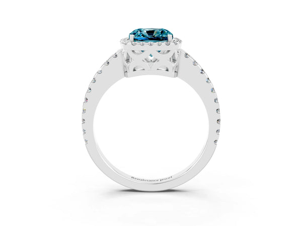 White gold Cushion Cut Blue Topaz Halo Engagement Ring with Pavé Band and Prong Setting