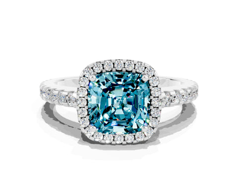 White gold Cushion Cut Blue Topaz Halo Engagement Ring with Pavé Band and Prong Setting_36
