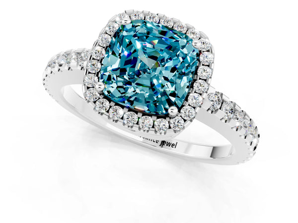Platinum Cushion Cut Blue Topaz Halo Engagement Ring with Pavé Band and Prong Setting