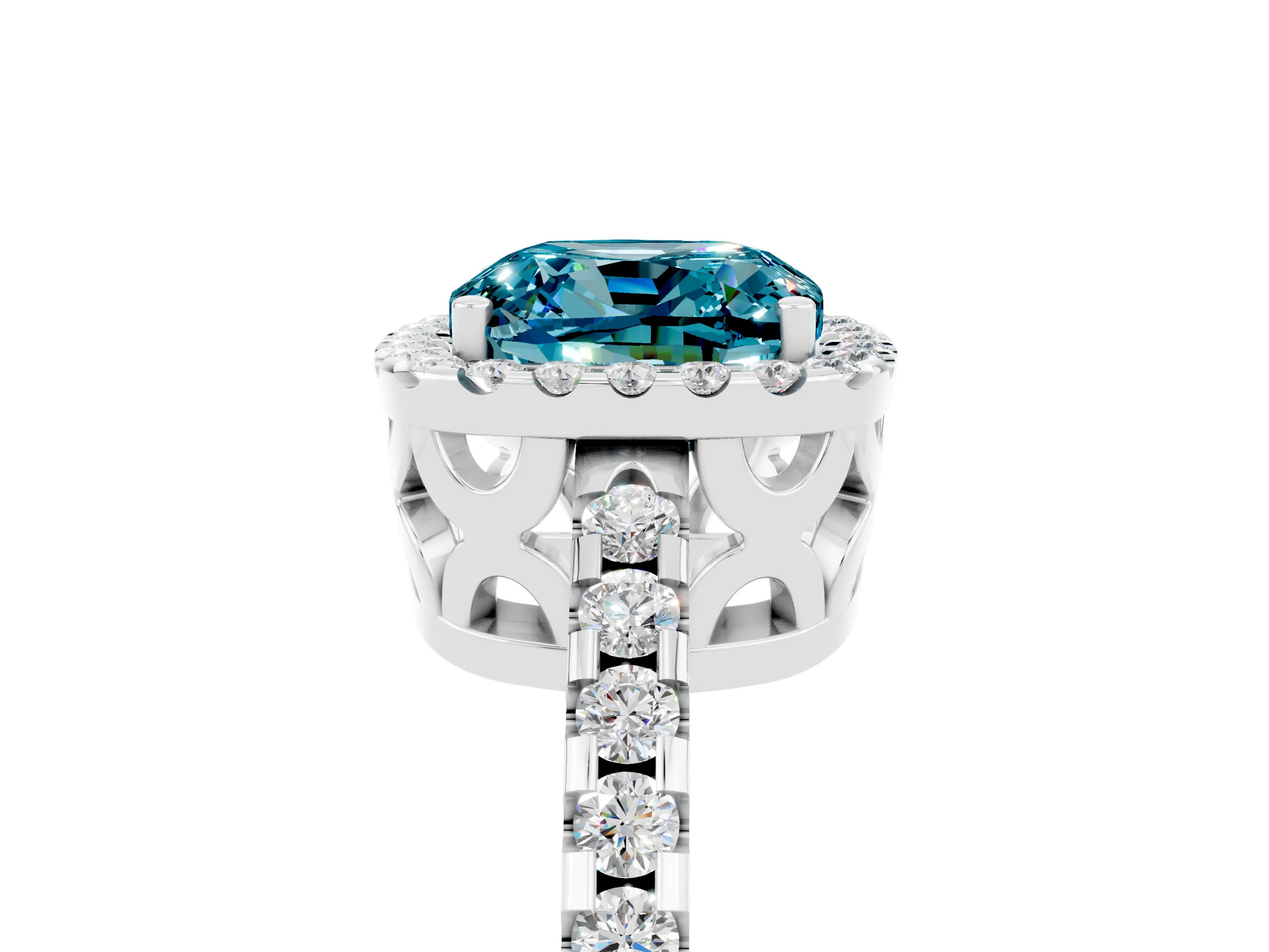 White gold Cushion Cut Blue Topaz Halo Engagement Ring with Pavé Band and Prong Setting_37