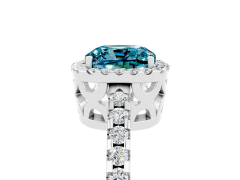 White gold Cushion Cut Blue Topaz Halo Engagement Ring with Pavé Band and Prong Setting_37