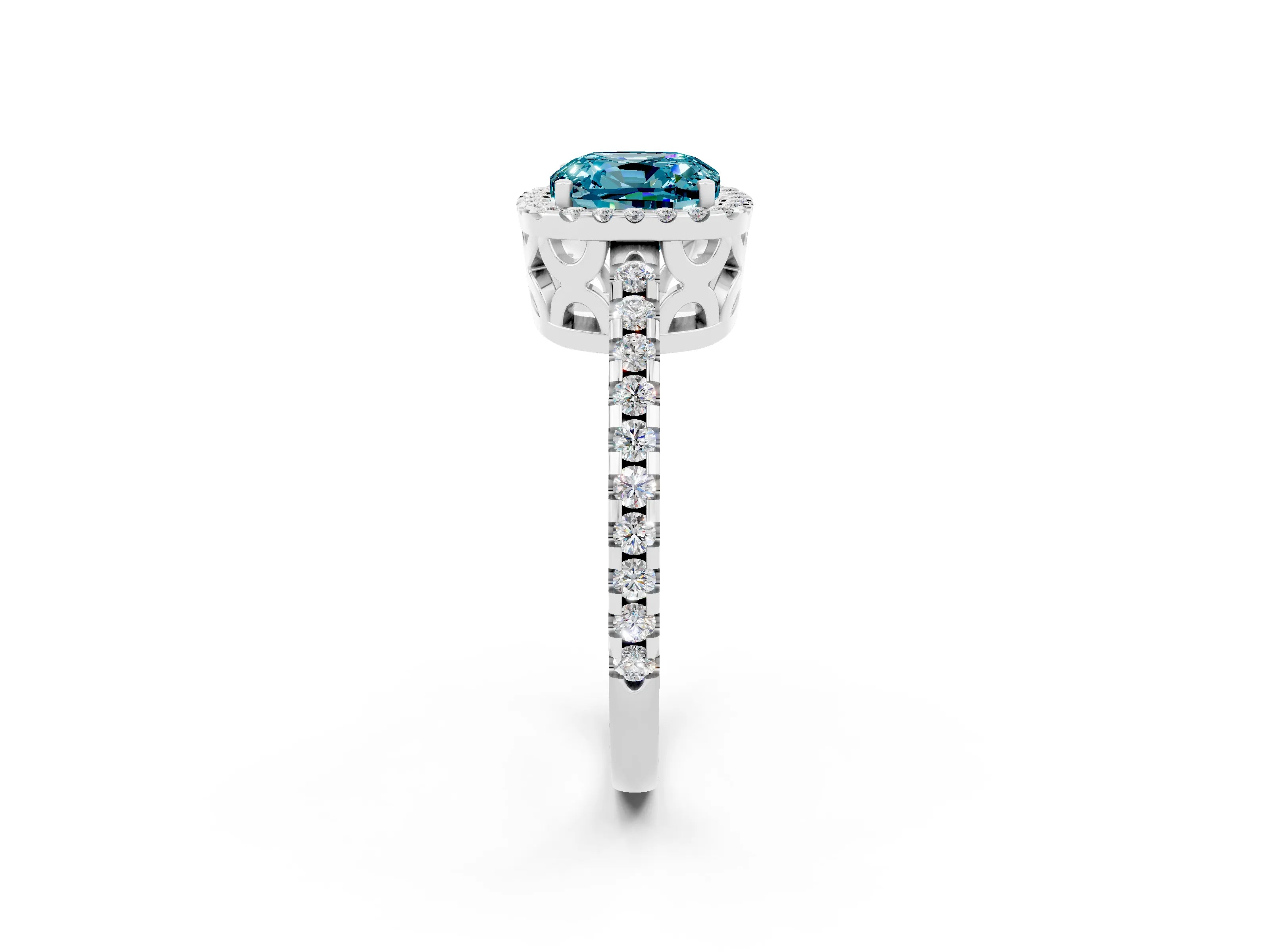 White gold Cushion Cut Blue Topaz Halo Engagement Ring with Pavé Band and Prong Setting_38