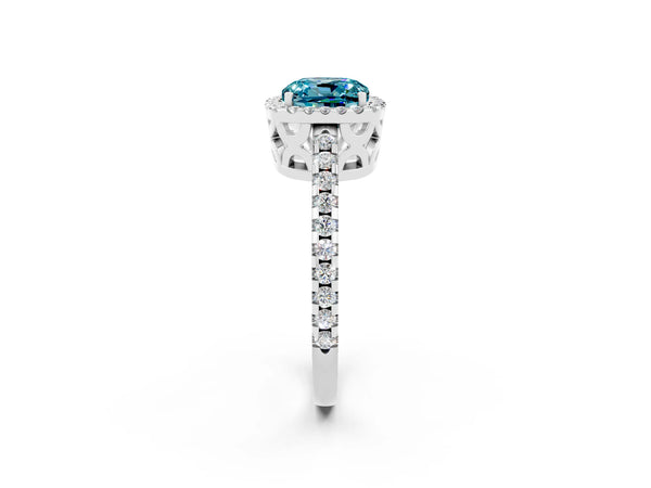 Silver Cushion Cut Blue Topaz Halo Engagement Ring with Pavé Band and Prong Setting