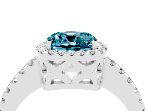 White gold Cushion Cut Blue Topaz Halo Engagement Ring with Pavé Band and Prong Setting_40