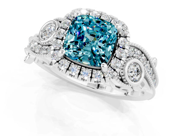 Platinum Cushion Cut Blue Topaz Halo Ring with Milgrain Pavé Band and Four-Prong Setting