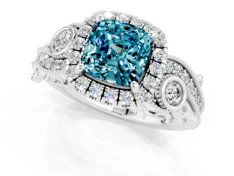 White gold Cushion Cut Blue Topaz Halo Ring with Milgrain Pavé Band and Four-Prong Setting_13