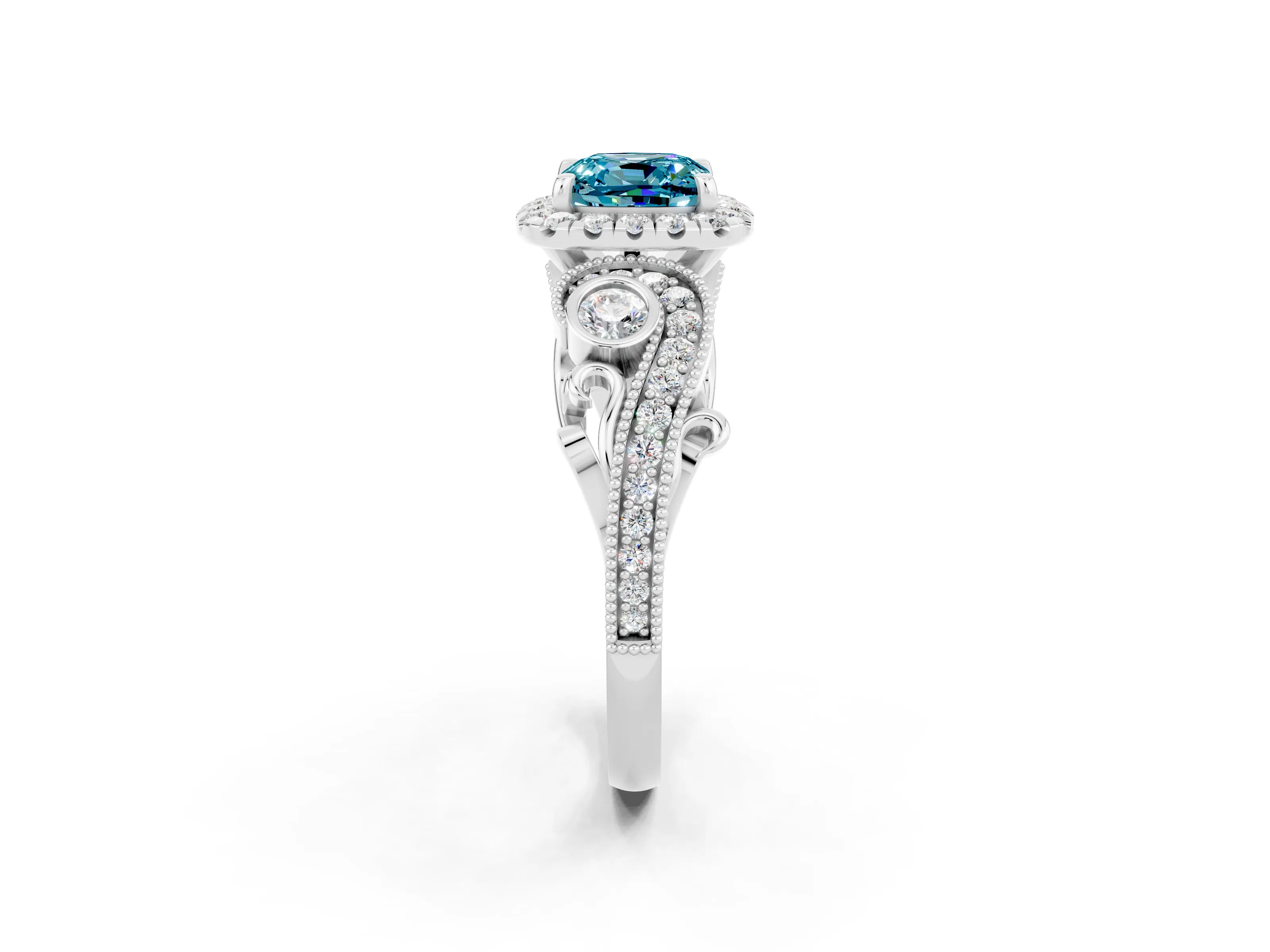 White gold Cushion Cut Blue Topaz Halo Ring with Milgrain Pavé Band and Four-Prong Setting_14