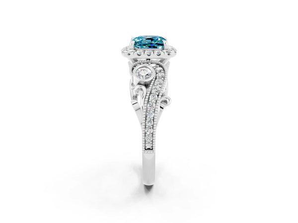 Silver Cushion Cut Blue Topaz Halo Ring with Milgrain Pavé Band and Four-Prong Setting
