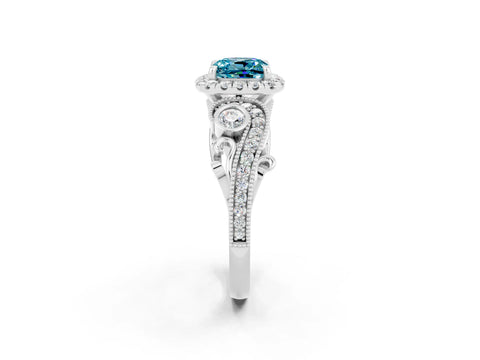 White gold Cushion Cut Blue Topaz Halo Ring with Milgrain Pavé Band and Four-Prong Setting_14