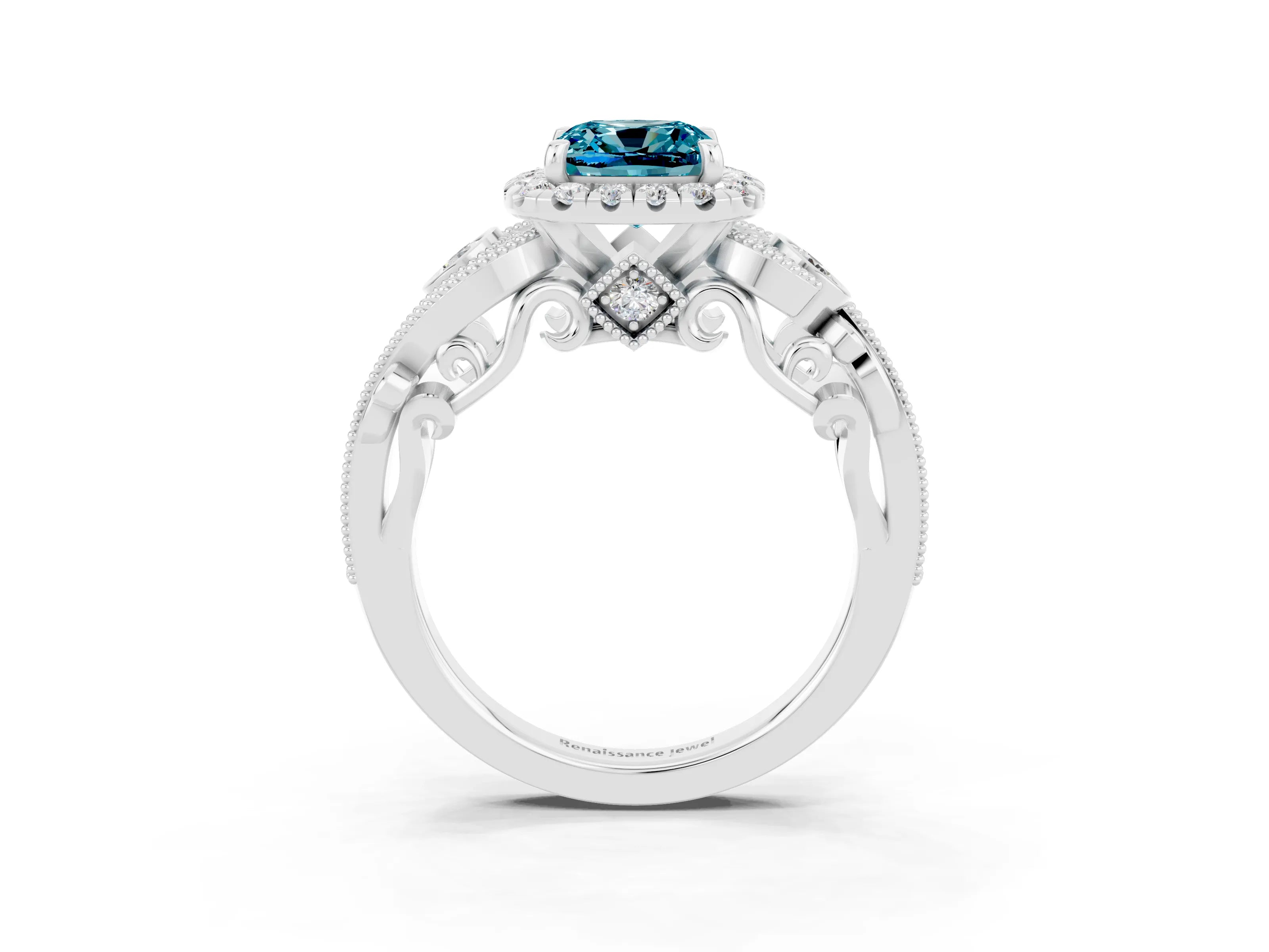 White gold Cushion Cut Blue Topaz Halo Ring with Milgrain Pavé Band and Four-Prong Setting_15