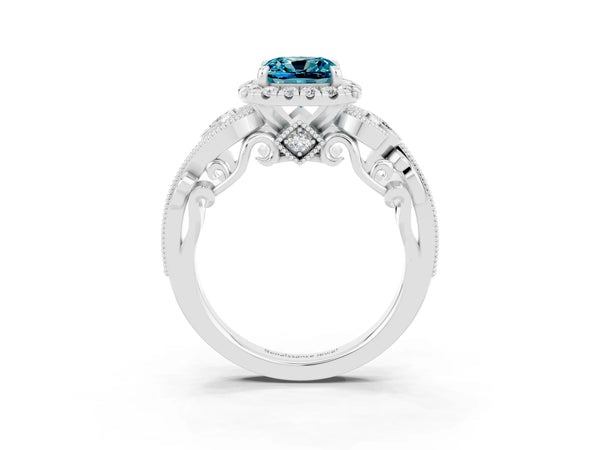 Silver Cushion Cut Blue Topaz Halo Ring with Milgrain Pavé Band and Four-Prong Setting