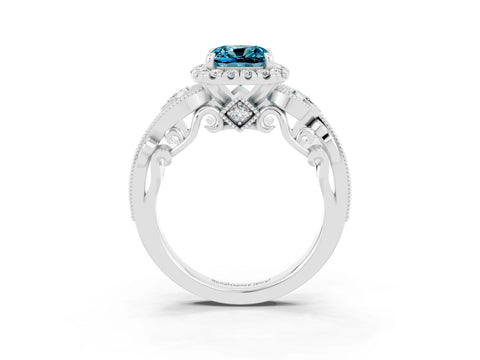 White gold Cushion Cut Blue Topaz Halo Ring with Milgrain Pavé Band and Four-Prong Setting_15