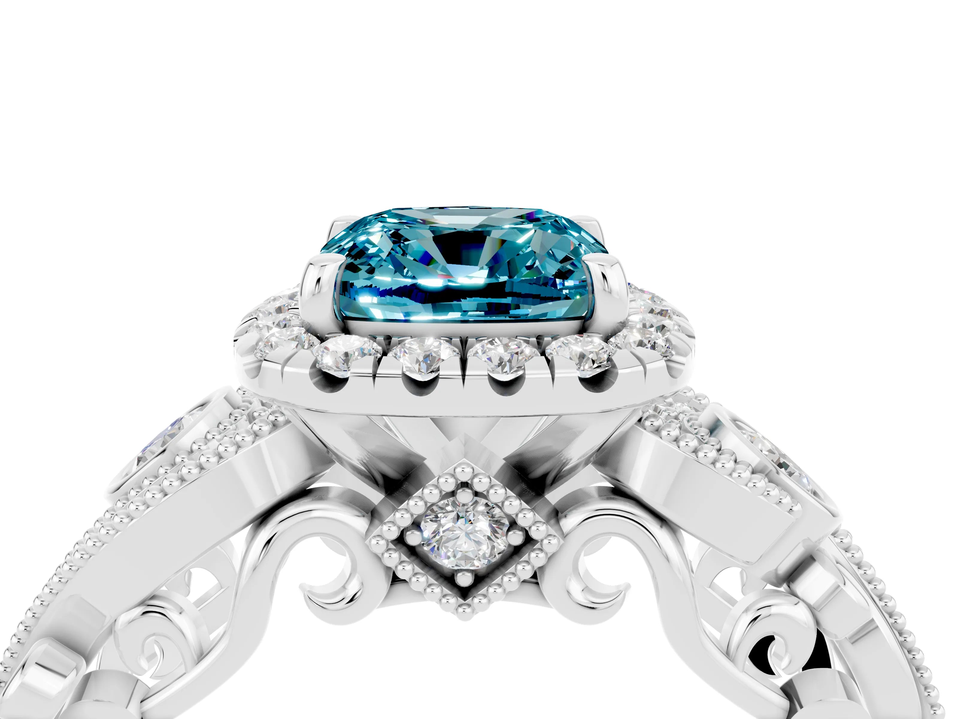 White gold Cushion Cut Blue Topaz Halo Ring with Milgrain Pavé Band and Four-Prong Setting_16