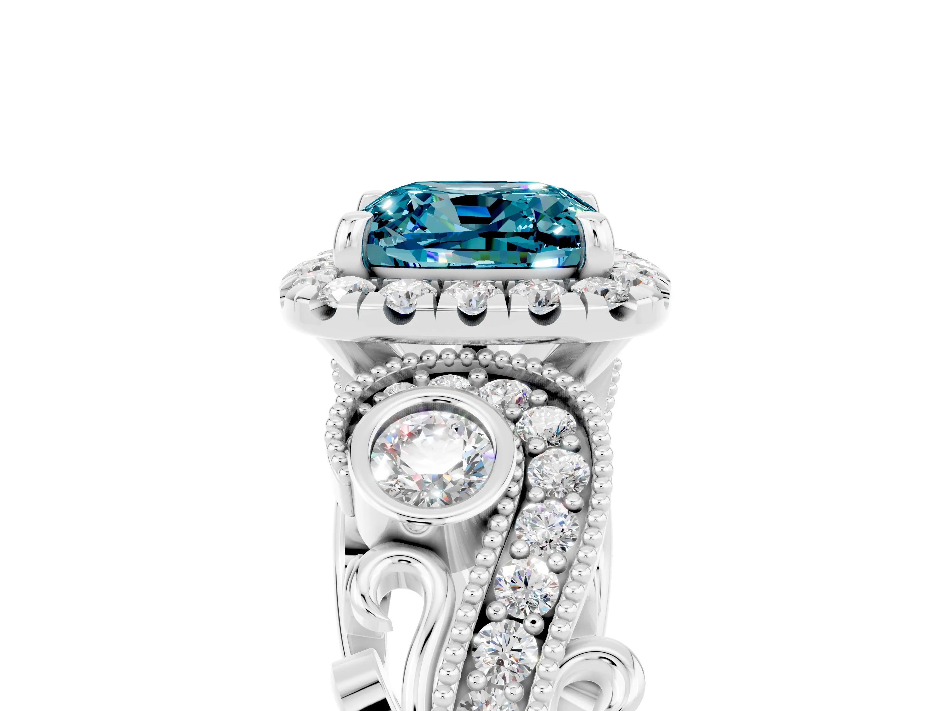 White gold Cushion Cut Blue Topaz Halo Ring with Milgrain Pavé Band and Four-Prong Setting_17