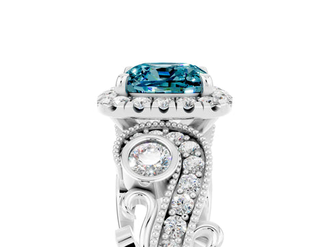 White gold Cushion Cut Blue Topaz Halo Ring with Milgrain Pavé Band and Four-Prong Setting_17