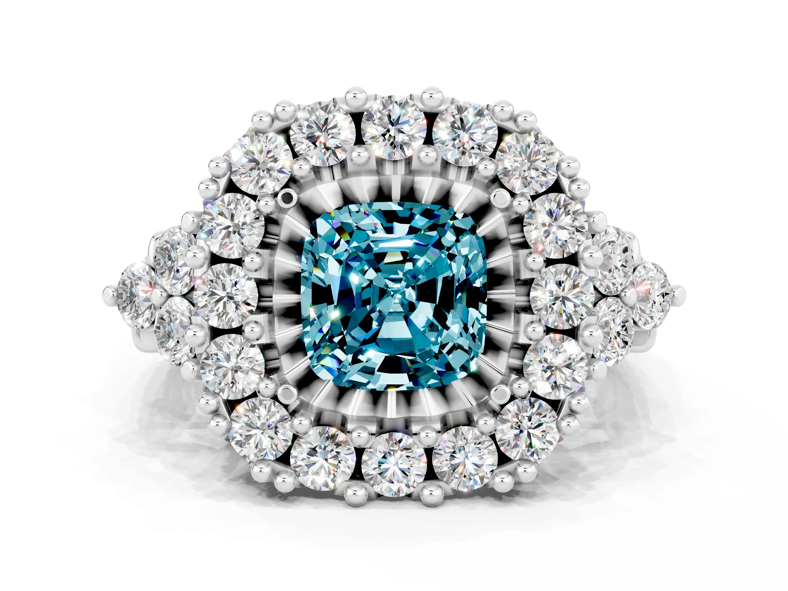 White gold Cushion Cut Blue Topaz Halo Ring with Pavé Band and Four-Prong Setting_12