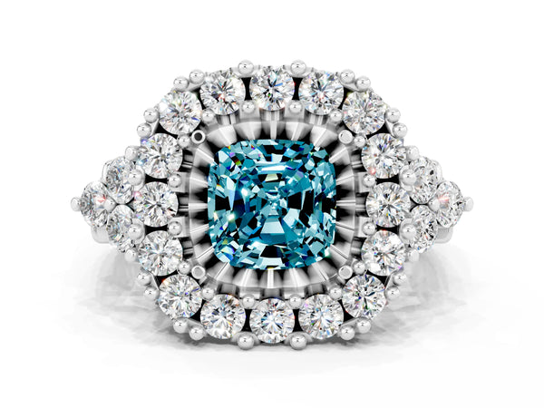 Silver Cushion Cut Blue Topaz Halo Ring with Pavé Band and Four-Prong Setting