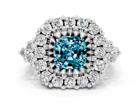 White gold Cushion Cut Blue Topaz Halo Ring with Pavé Band and Four-Prong Setting_12