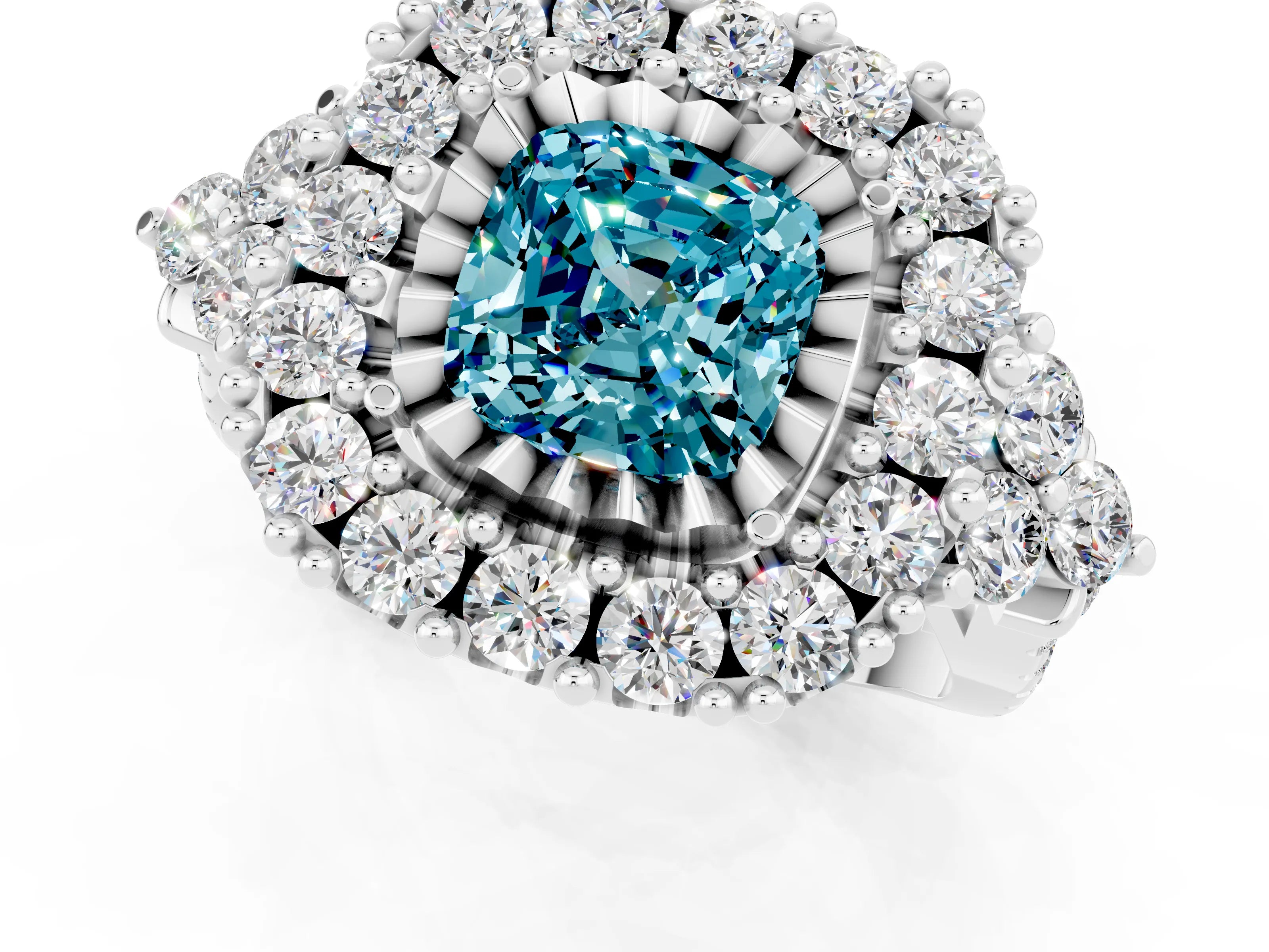 White gold Cushion Cut Blue Topaz Halo Ring with Pavé Band and Four-Prong Setting_13