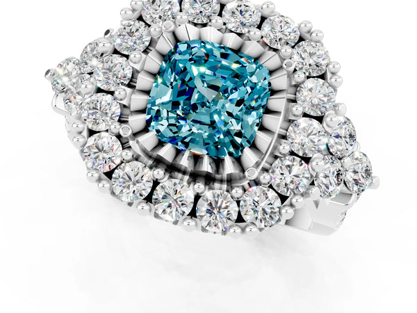 White gold Cushion Cut Blue Topaz Halo Ring with Pavé Band and Four-Prong Setting
