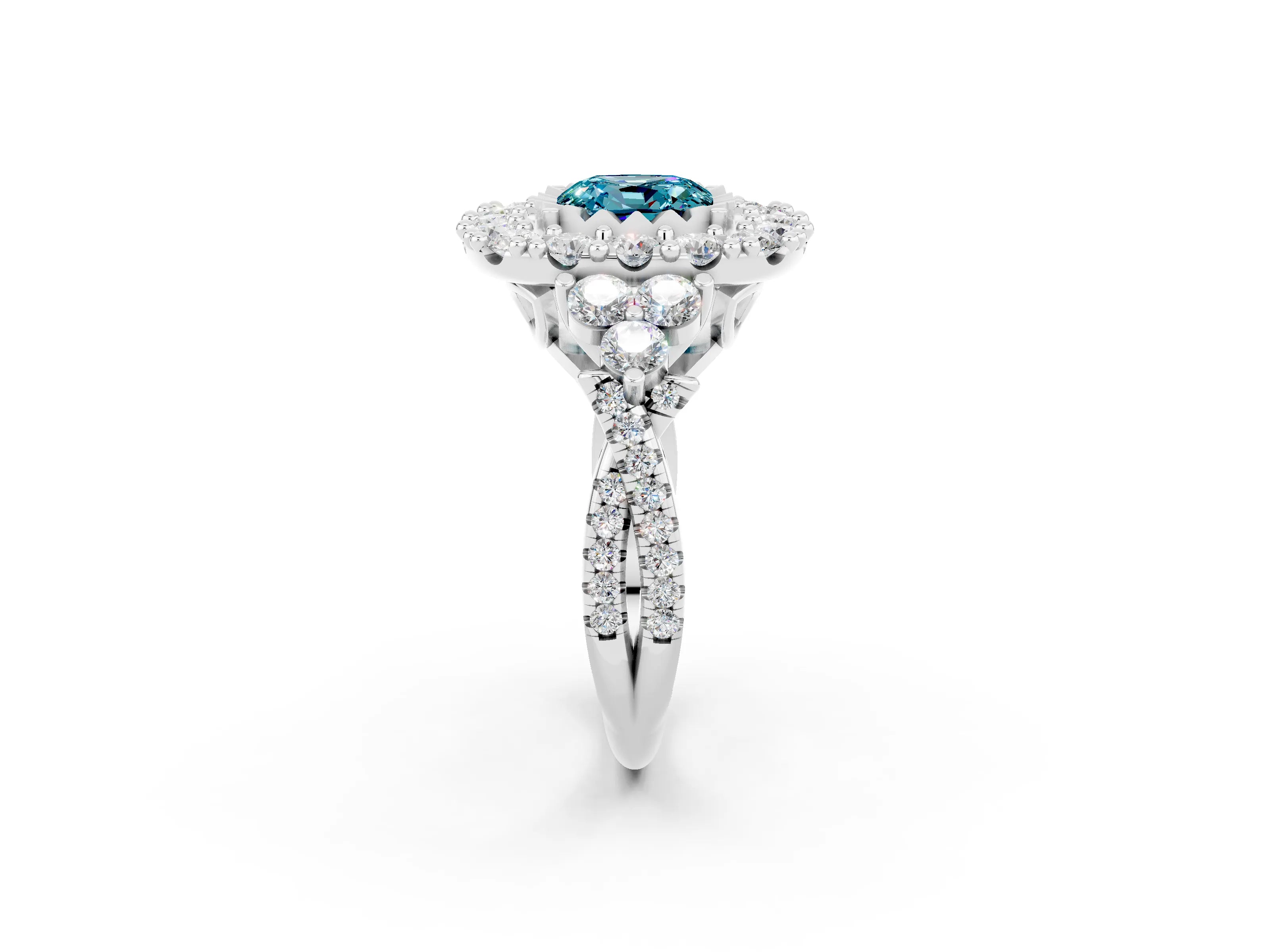 White gold Cushion Cut Blue Topaz Halo Ring with Pavé Band and Four-Prong Setting_14