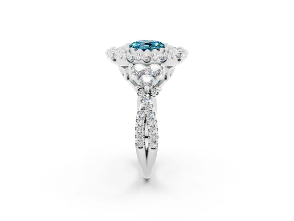 Silver Cushion Cut Blue Topaz Halo Ring with Pavé Band and Four-Prong Setting