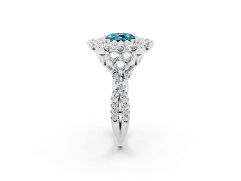 White gold Cushion Cut Blue Topaz Halo Ring with Pavé Band and Four-Prong Setting_14