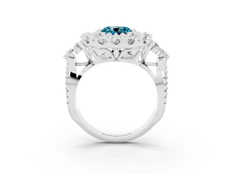White gold Cushion Cut Blue Topaz Halo Ring with Pavé Band and Four-Prong Setting_15