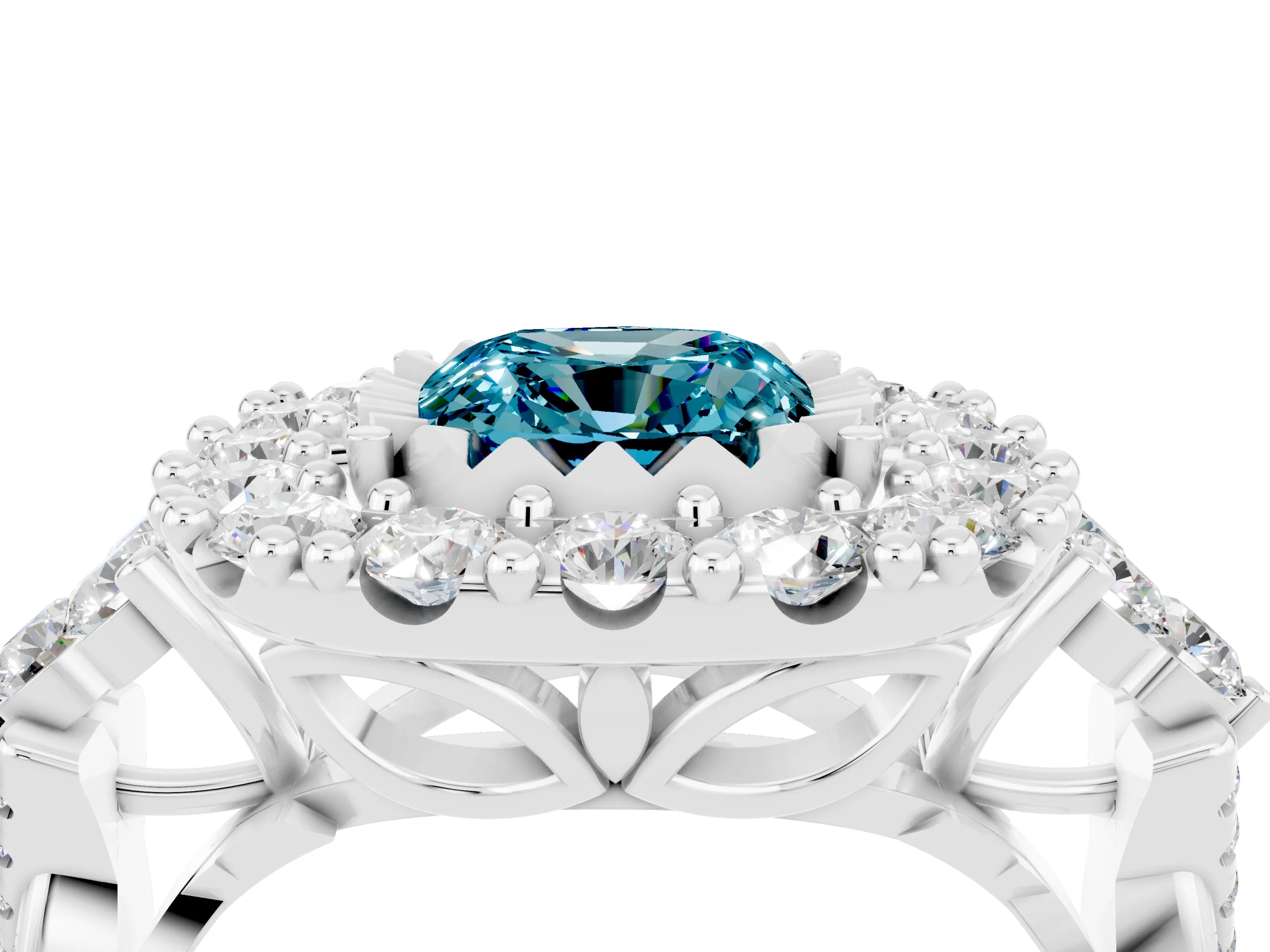 White gold Cushion Cut Blue Topaz Halo Ring with Pavé Band and Four-Prong Setting_16