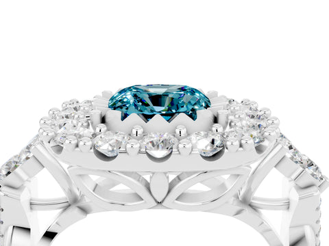 White gold Cushion Cut Blue Topaz Halo Ring with Pavé Band and Four-Prong Setting_16