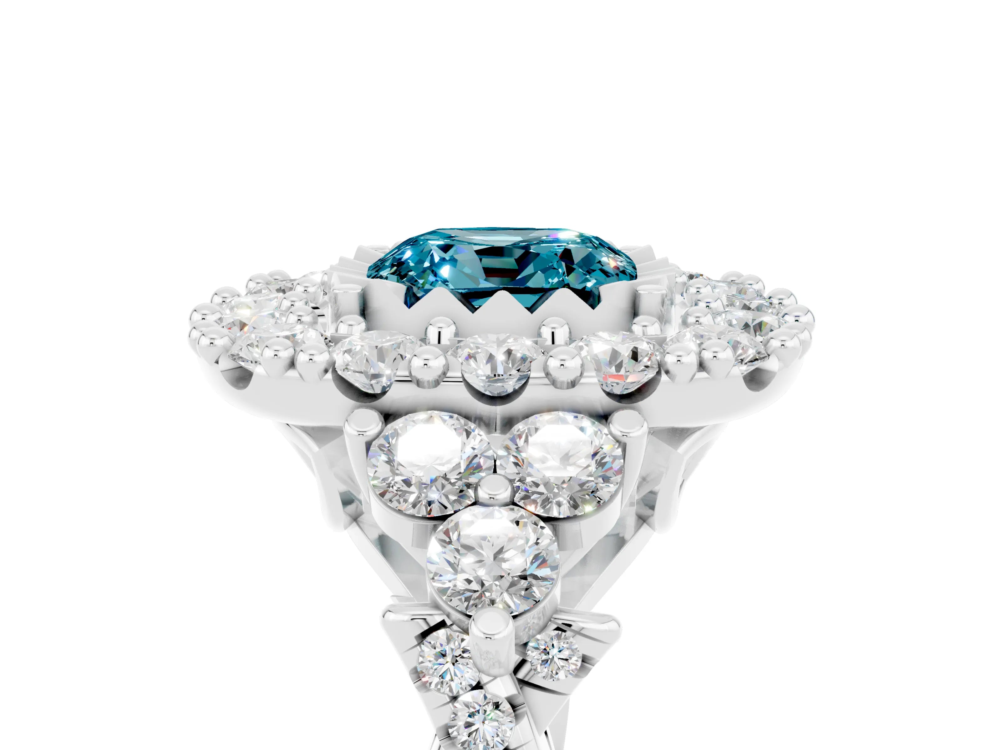 White gold Cushion Cut Blue Topaz Halo Ring with Pavé Band and Four-Prong Setting_17
