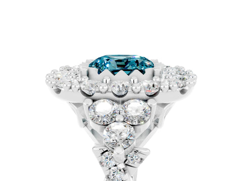 White gold Cushion Cut Blue Topaz Halo Ring with Pavé Band and Four-Prong Setting_17