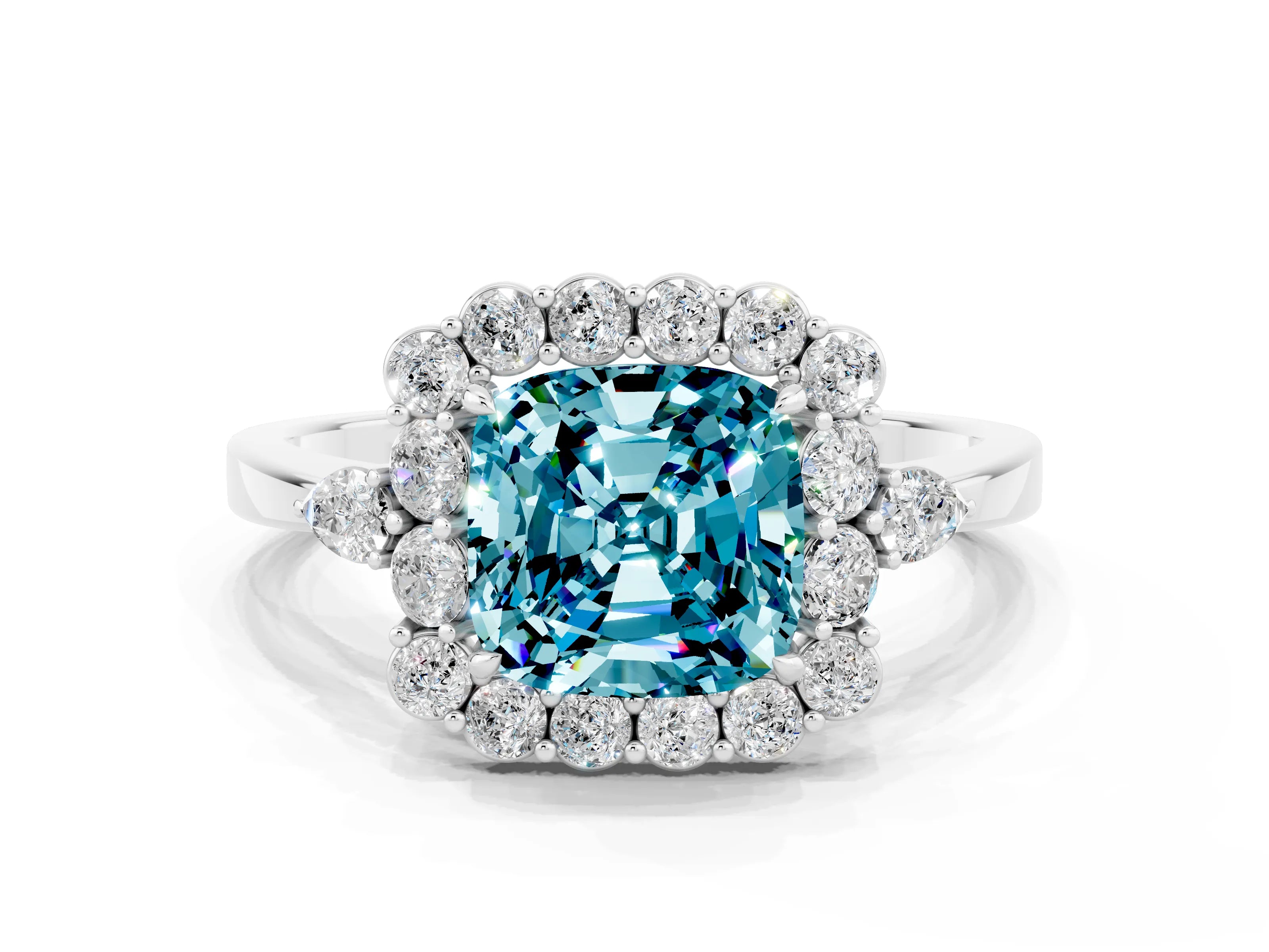 White gold Cushion Cut Blue Topaz Halo Ring with Pear Side Stones and Prong Setting_24