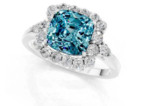White gold Cushion Cut Blue Topaz Halo Ring with Pear Side Stones and Prong Setting_25