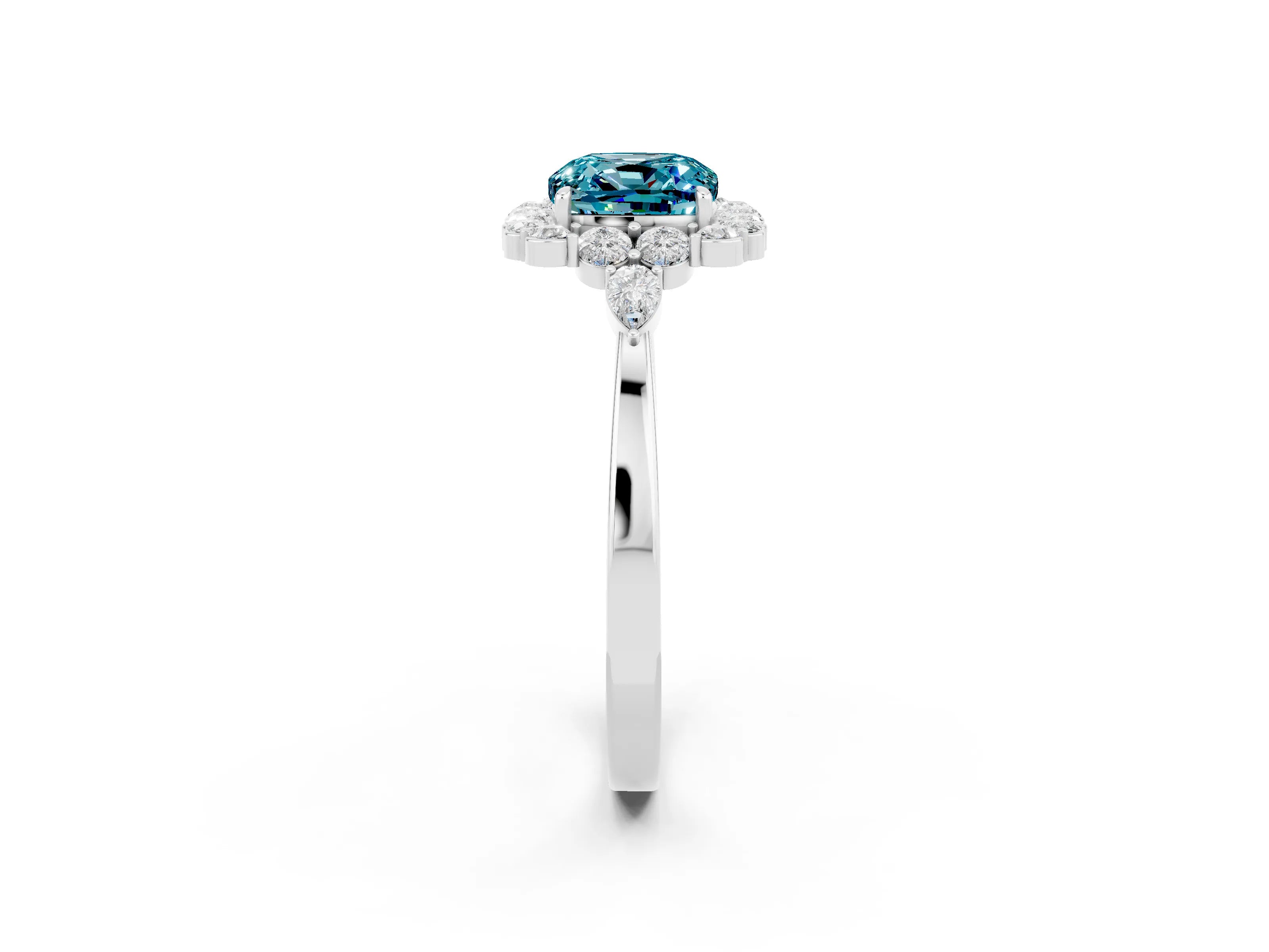 White gold Cushion Cut Blue Topaz Halo Ring with Pear Side Stones and Prong Setting_26