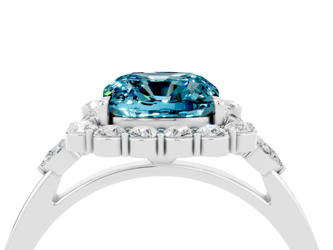 White gold Cushion Cut Blue Topaz Halo Ring with Pear Side Stones and Prong Setting_28