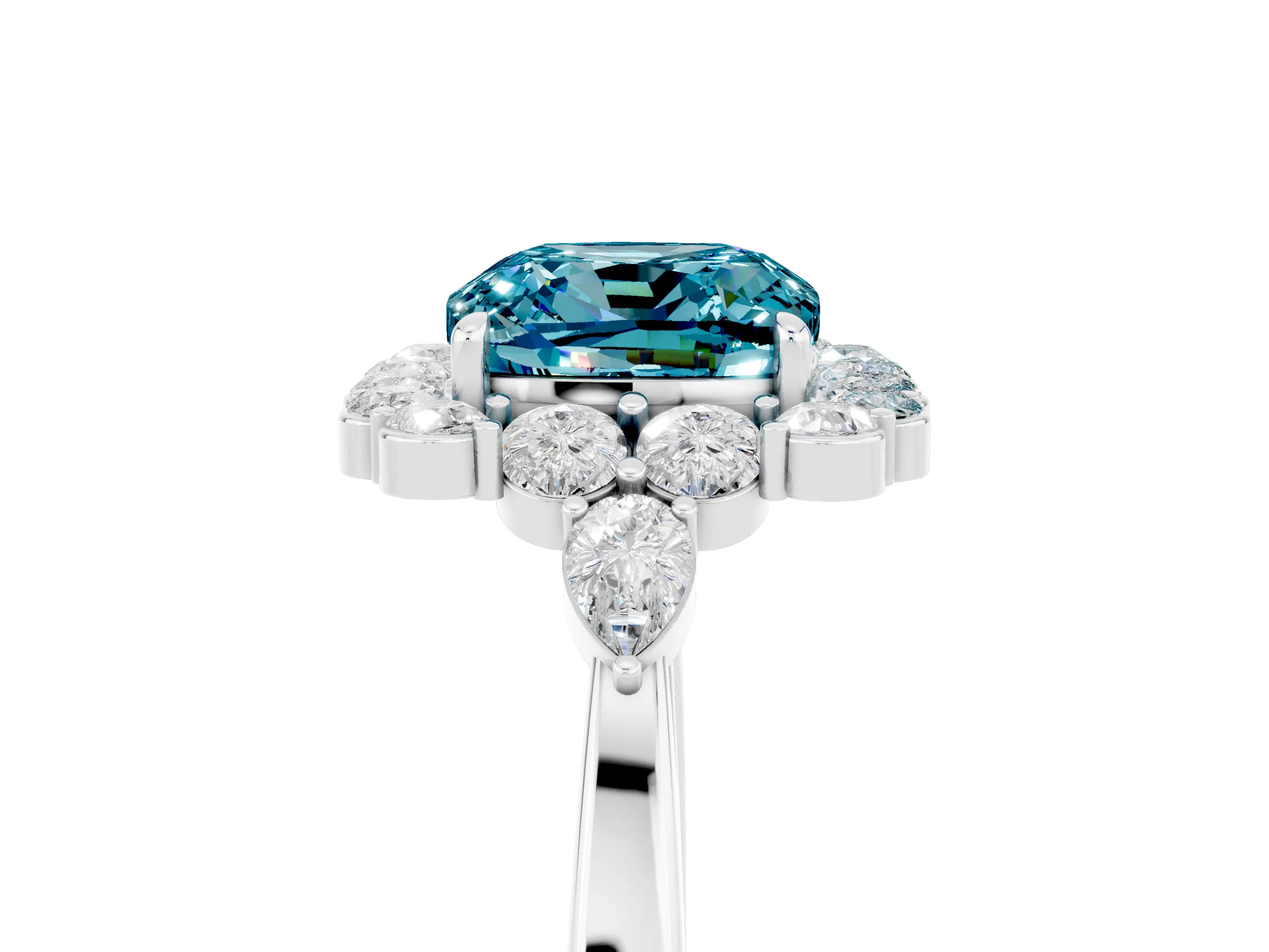 White gold Cushion Cut Blue Topaz Halo Ring with Pear Side Stones and Prong Setting_29