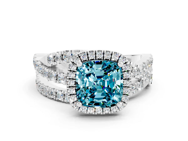 Silver Cushion Cut Blue Topaz Halo Ring with Round Split Shank and Prong Setting